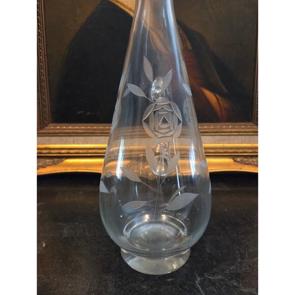 Vintage 1950s Romanian Etched Glass Decanter 17" w/ Stopper Floral Design - Picture 6 of 9